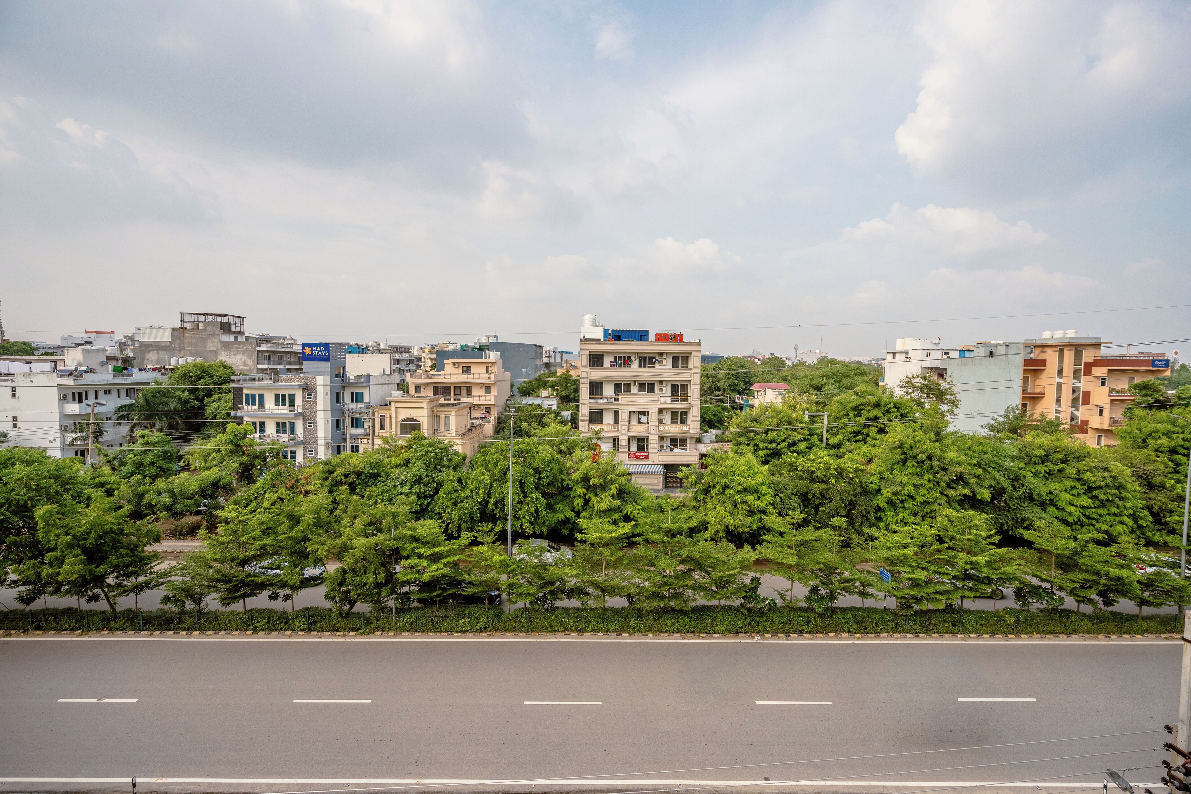 A cityscape with a wide road, multi-story buildings, and dense green trees in the foreground.