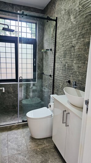 Ducha, toallas, jabón, papel higiénico