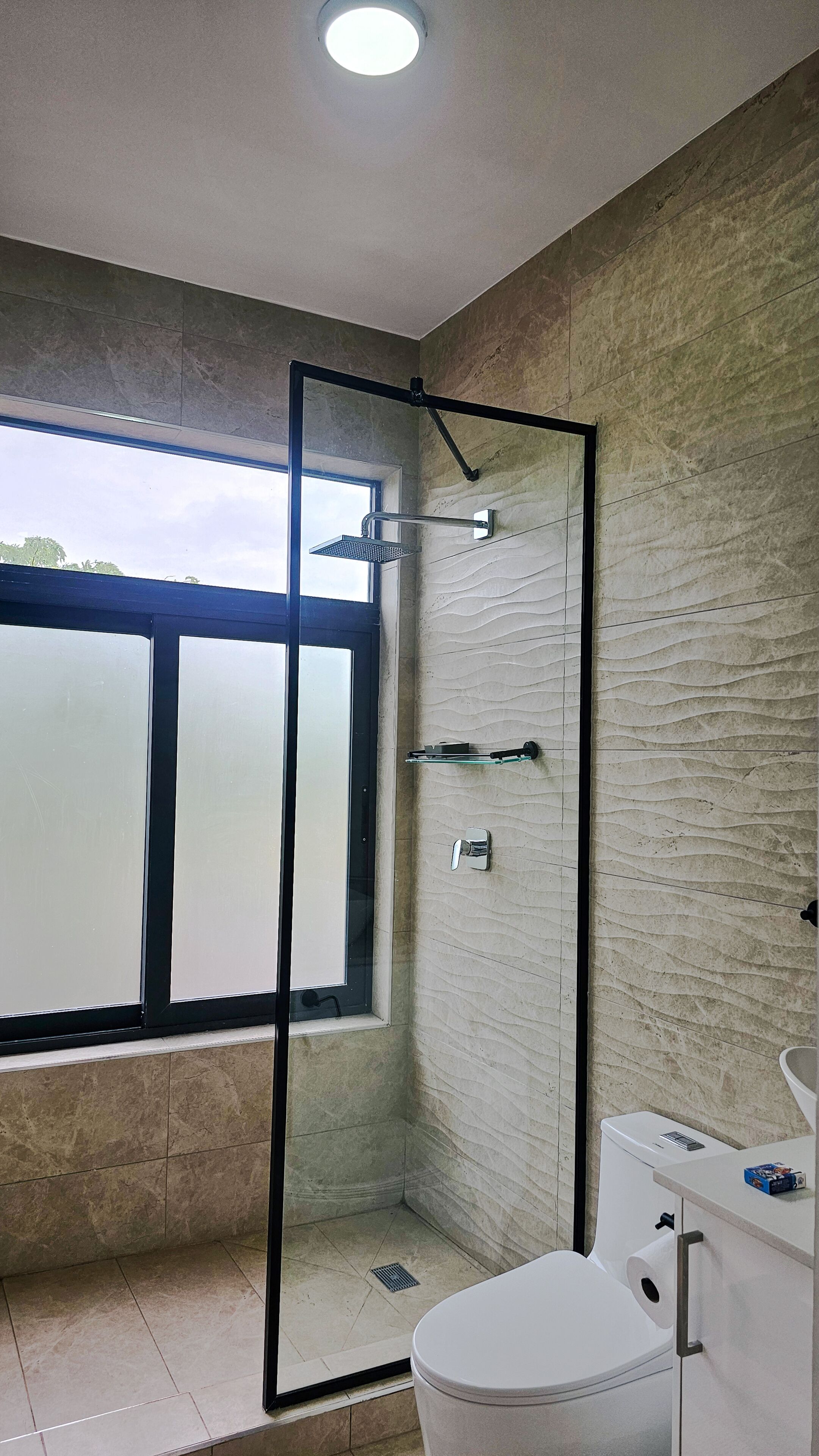 Shower, towels, soap, toilet paper