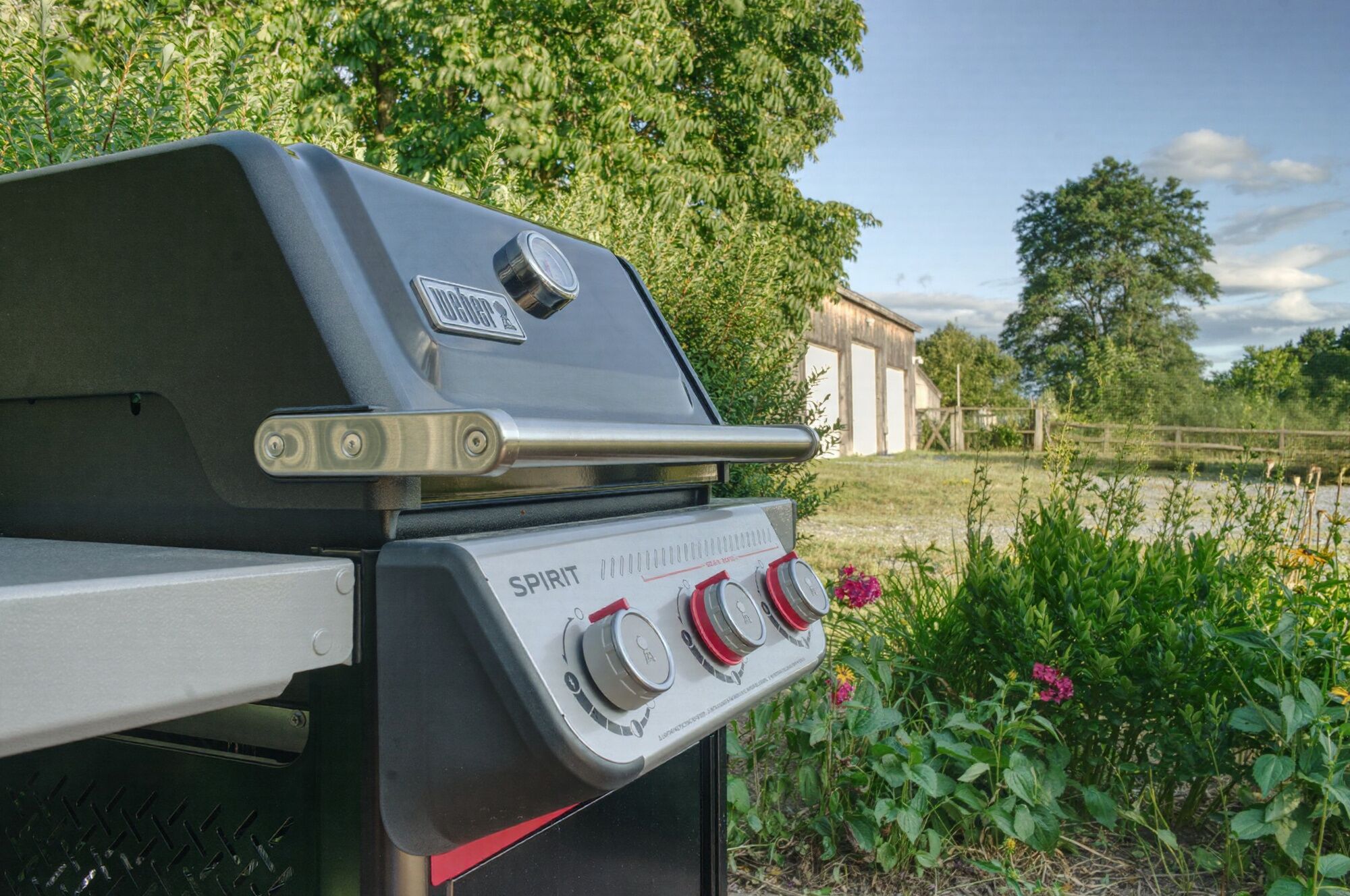 A grill with a digital display and control knobs, set in a garden with a wooden fence and greenery.