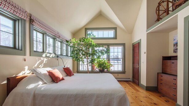 A bedroom with a large bed, a potted plant, and a wooden dresser.
