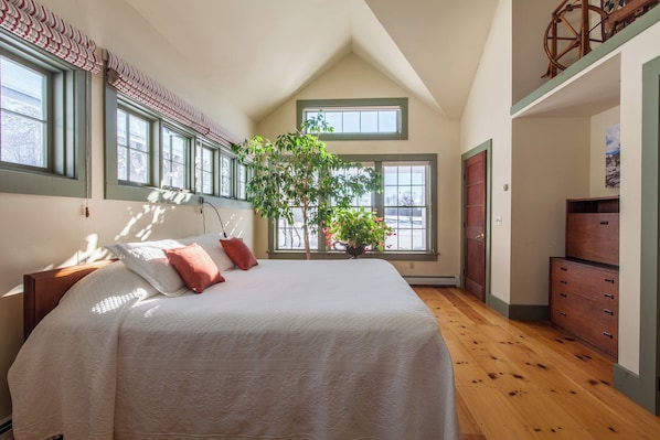 Quarto com cama grande, uma planta em vaso e cômoda de madeira.