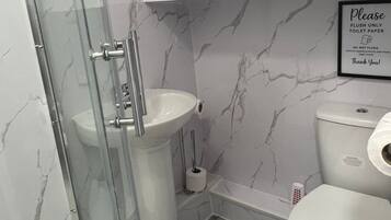 Shower, towels, toilet paper