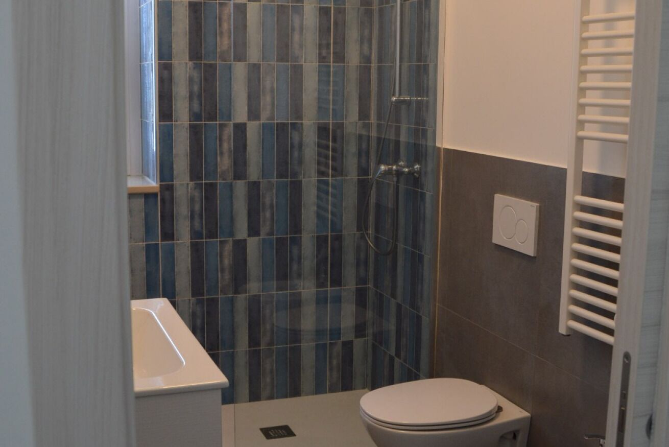 A bathroom with a shower, toilet, and a towel rack.