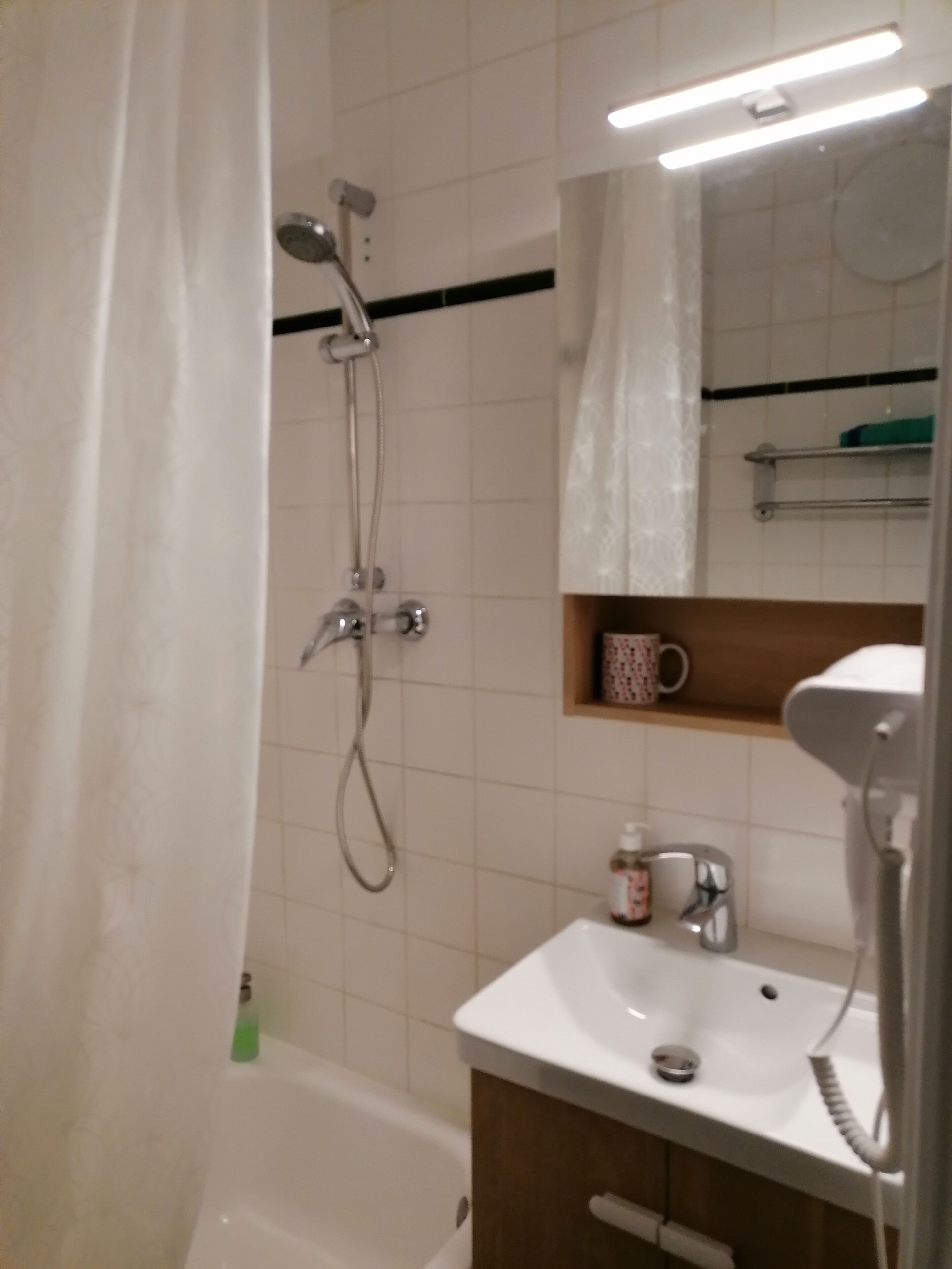 A bathroom with a shower, a sink, a mirror, and a shelf with toiletries.