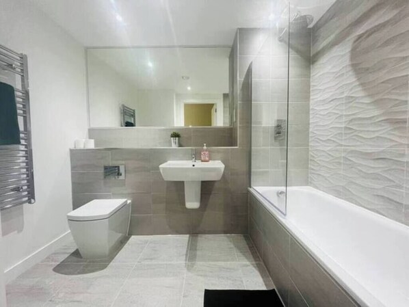 Hair dryer, towels, toilet paper