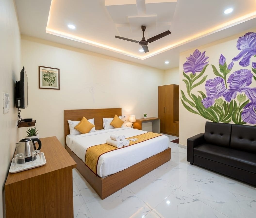 Habitación de hotel con cama, sofá, ventilador de techo, un cuadro y una bandeja con tetera y vasos.