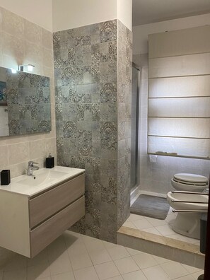 Een douche, een haardroger, een bidet, handdoeken