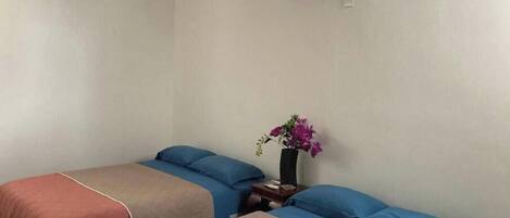 A room with two beds, each with a blue and pink bedspread, a nightstand with a vase of flowers, and an air conditioning unit on the wall.
