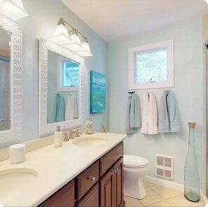 Sèche-cheveux, serviettes fournies, savon, papier toilette