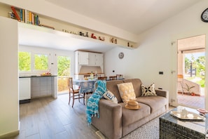 A living room with a sofa, a dining table, and a kitchen area with cabinets.