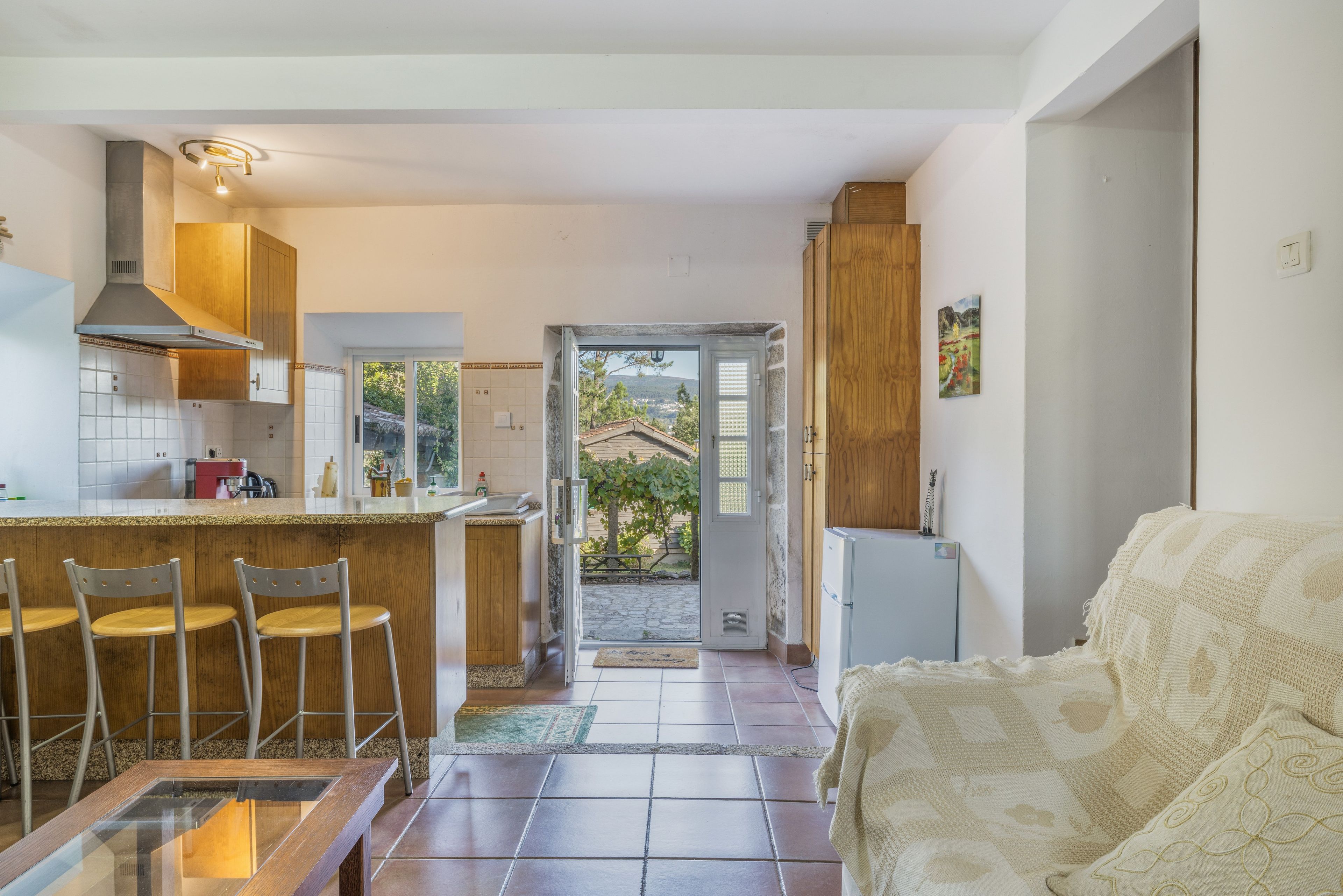 A compact living space with a kitchenette, a dining area with chairs, a sofa, and a view through an open door to an outdoor area.