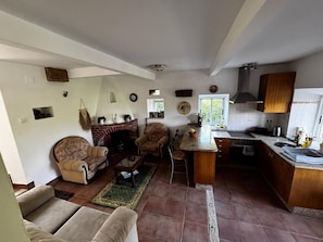 Un vaste espace de vie doté d’une cheminée, de deux fauteuils, d’un canapé et d’une cuisine avec un plan de travail et un évier.