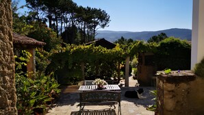 A stone patio with a table and bench, surrounded by potted plants and a pergola with vines.