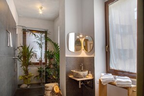 Shower, hair dryer, towels