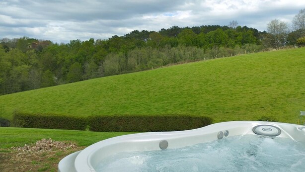 A hot tub with a view of a green field and trees.