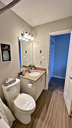 A bathroom with a toilet, sink, and mirror. There is a framed picture on the wall and a plant on the counter. - Freshly Upgraded Cozy Loft (Blue Mountain)