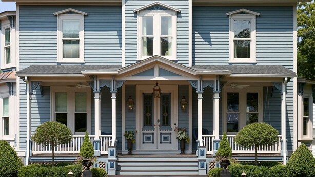 A two-story house with a front porch, a central entrance, and a symmetrical window arrangement.