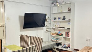 Un salon équipé d’un téléviseur à écran plat, d’un ventilateur de plafond, d’une bibliothèque et d’un canapé.