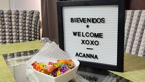 Un panneau d’accueil encadré avec les inscriptions « BIENVENIDOS » et « WELCOME XOXO », un bol de bonbons multicolores et un panier pour animal de compagnie avec un coussin à motifs.