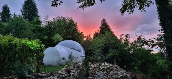 Two dome-shaped structures surrounded by dense forest, with a clear sky above.