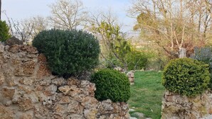 Un mur de pierre bordé d’un petit jardin, comprenant une haie et une petite pelouse.
