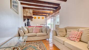 Televisión, chimenea, reproductor de DVD y tenis de mesa