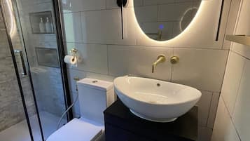 Shower, hair dryer, bidet, towels