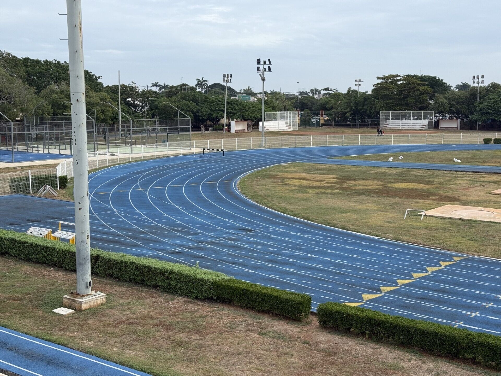 A running track with a surrounding fence, a grassy area, and a tall pole.