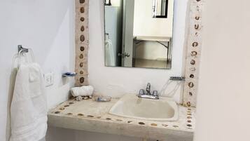 Hair dryer, towels, soap, toilet paper