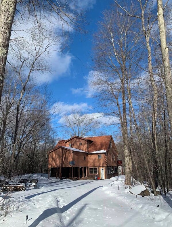 A wooden cabin with a red roof surrounded by snow-covered ground and leafless trees. - Bachelor Parties, direct access to Lehigh River to hike, bike, fish and swim. (White Haven)