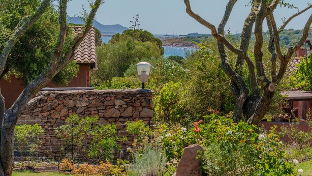 Un muro de piedra con un farol, abundante vegetación y vistas al mar.