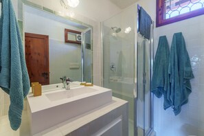 Shower, hair dryer, towels