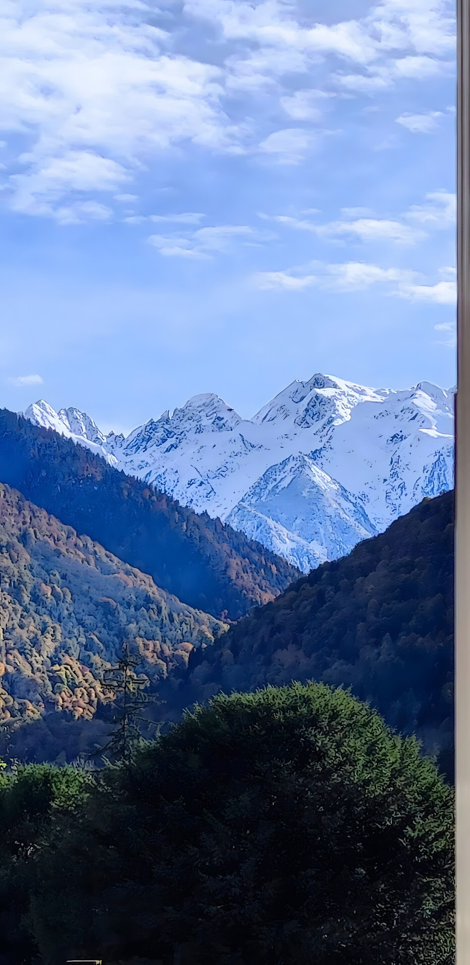 Un paysage montagneux avec des sommets enneigés et des vallées densément boisées.