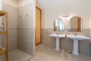 Shower, hair dryer, towels