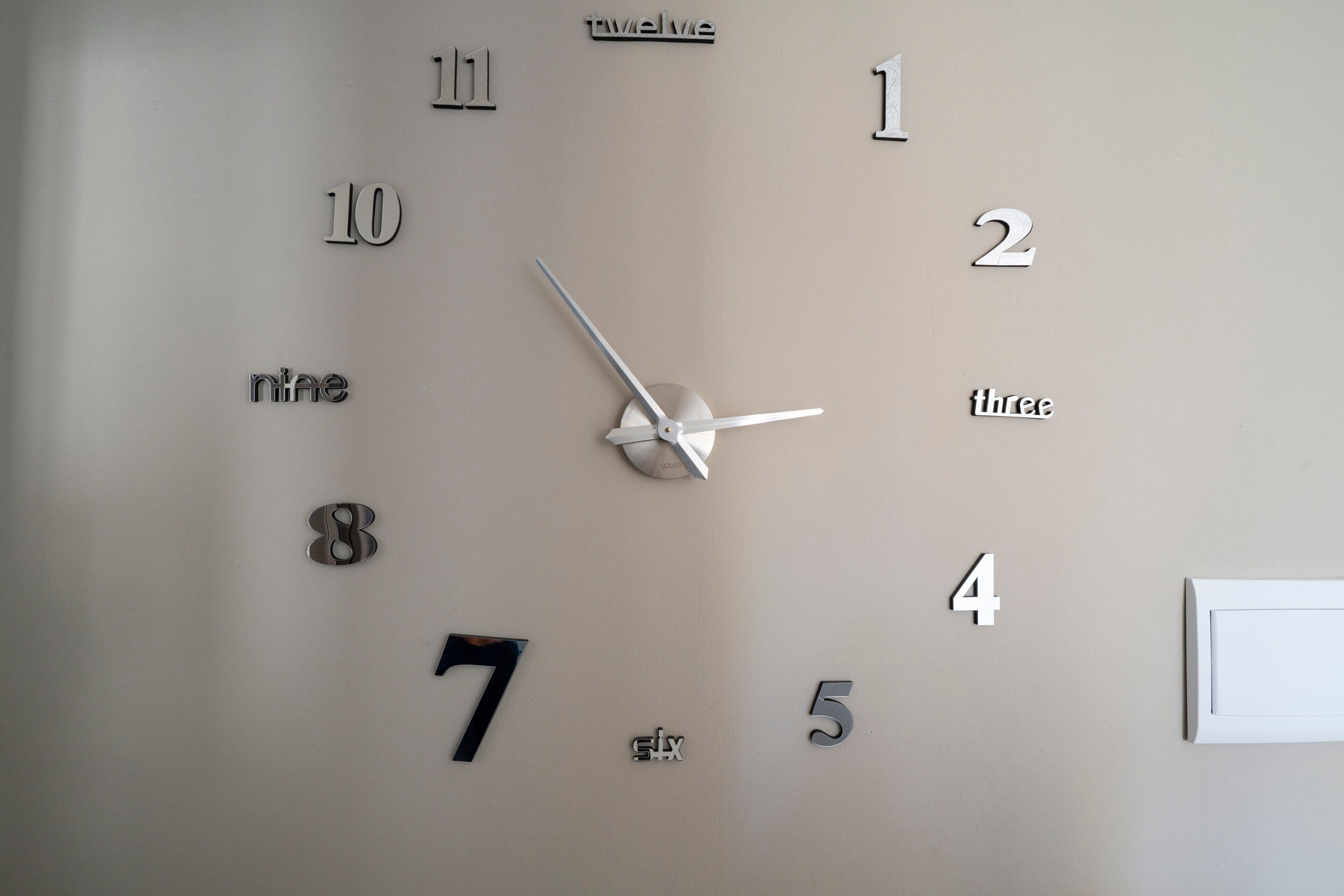 A wall clock with numbers and letters indicating time.