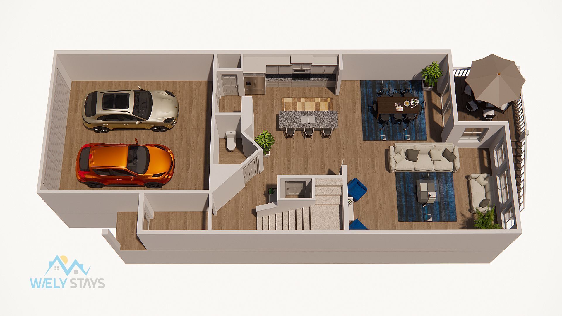 Ein 3D-Grundriss einer modernen Wohnung mit zwei Stellplätzen, einer Küche, einem Essbereich, einem Wohnzimmer und einem Balkon mit einem Blumentopf.