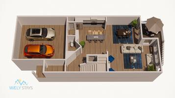 Ein 3D-Grundriss einer modernen Wohnung mit zwei Stellplätzen, einer Küche, einem Essbereich, einem Wohnzimmer und einem Balkon mit einem Blumentopf.