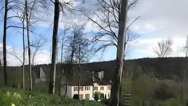 A house surrounded by trees and greenery, with a visible garage and a ladder leaning against the wall. - Country House 'Domaine du Val Bruant' with Shared Terrace and Wi-Fi (Arc-en-Barrois)