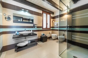 Shower, hair dryer, towels