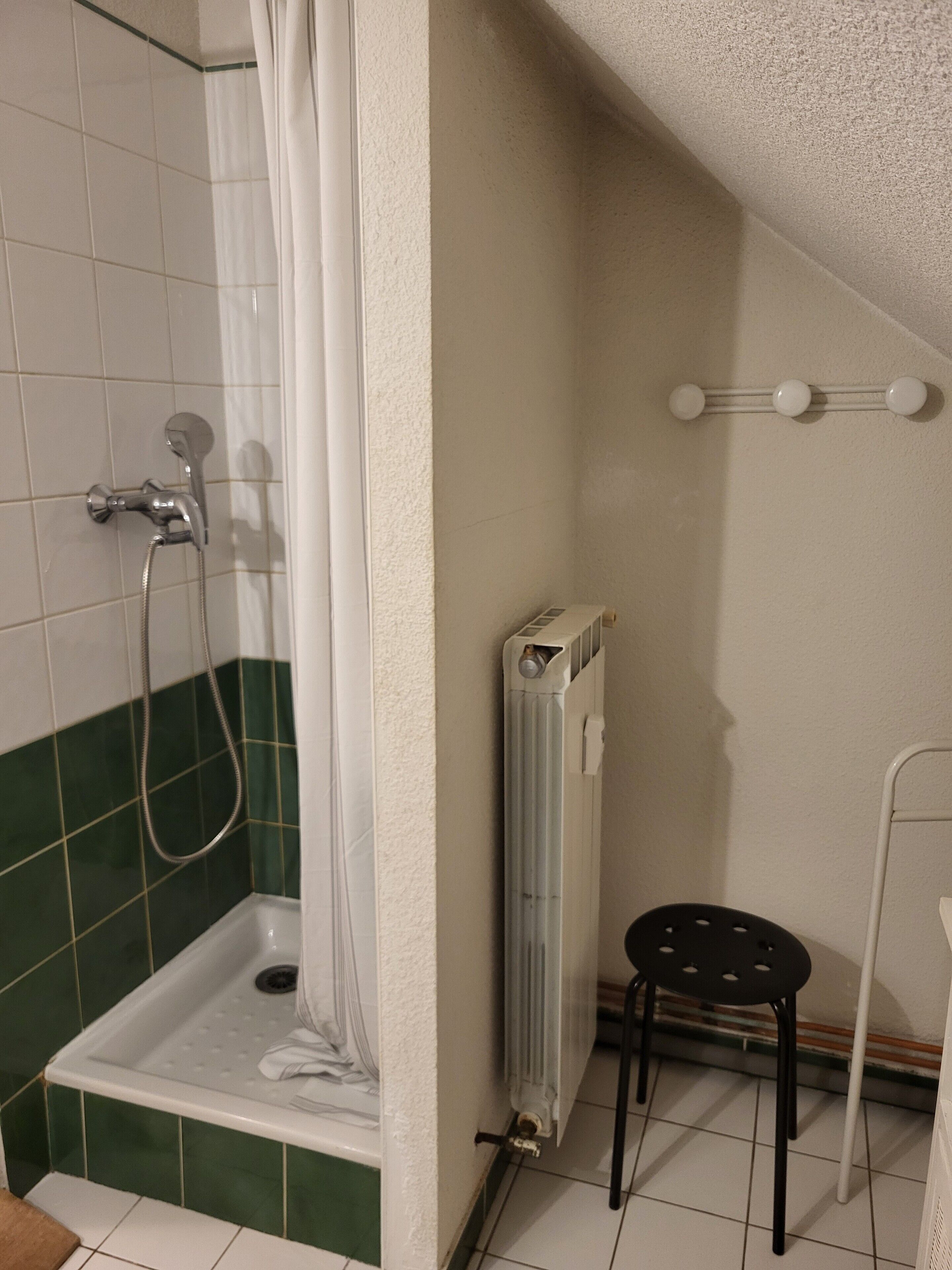Et badeværelse med bruser, en radiator og en lille skammel.