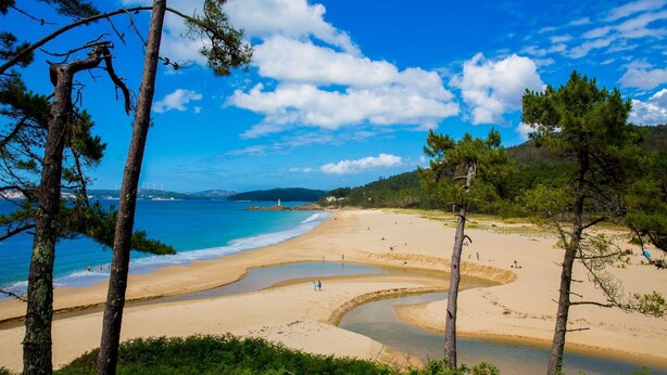 Ein Strand mit blauem Himmel, ruhigem Wasser und einigen Personen.