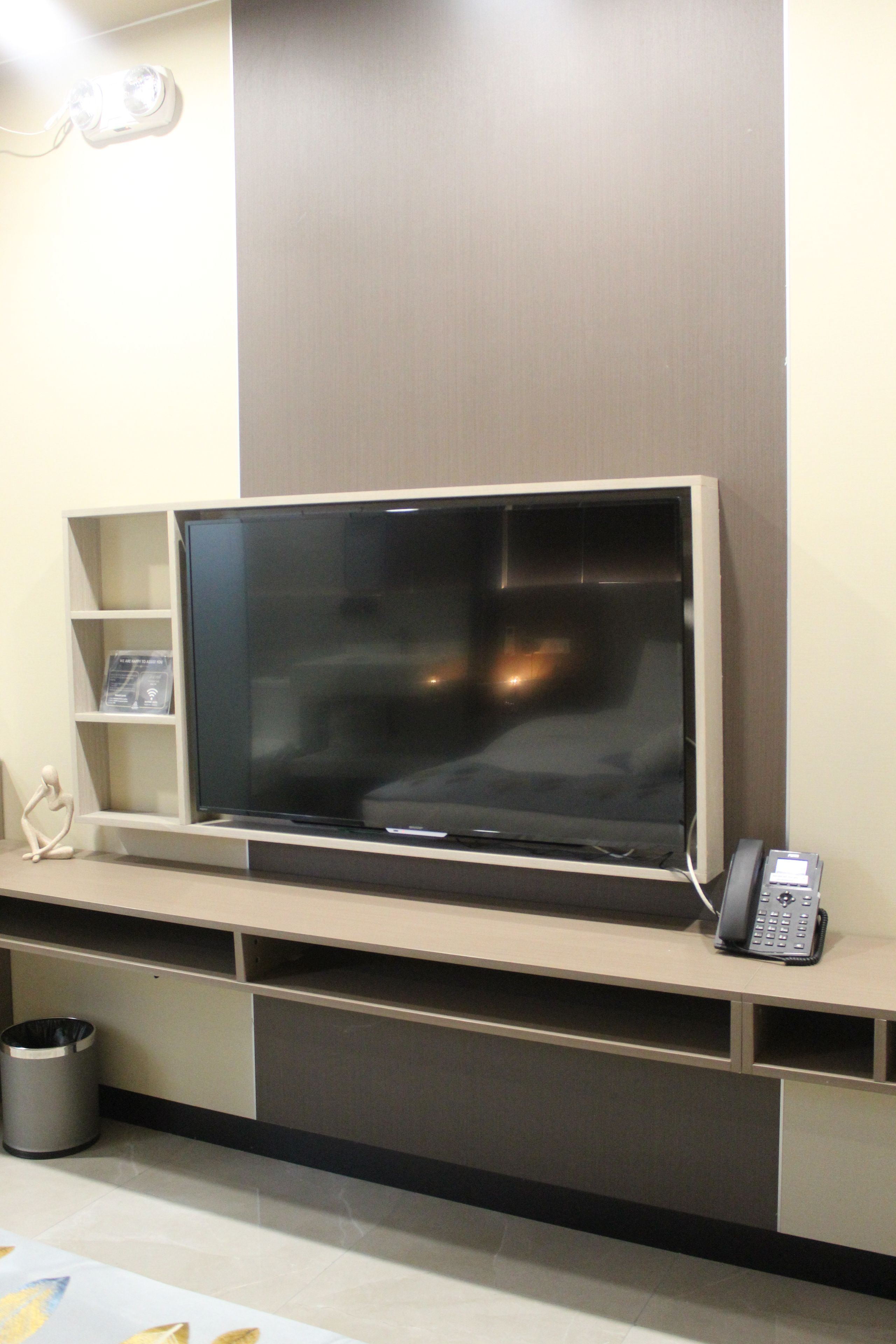 Un televisor de pantalla plana montado en la pared, con un teléfono y un cesto de basura debajo.