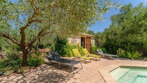 Zona de piscina con sillones, un edificio pequeño y un árbol.