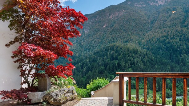 A balcony with a view of a forested mountain.