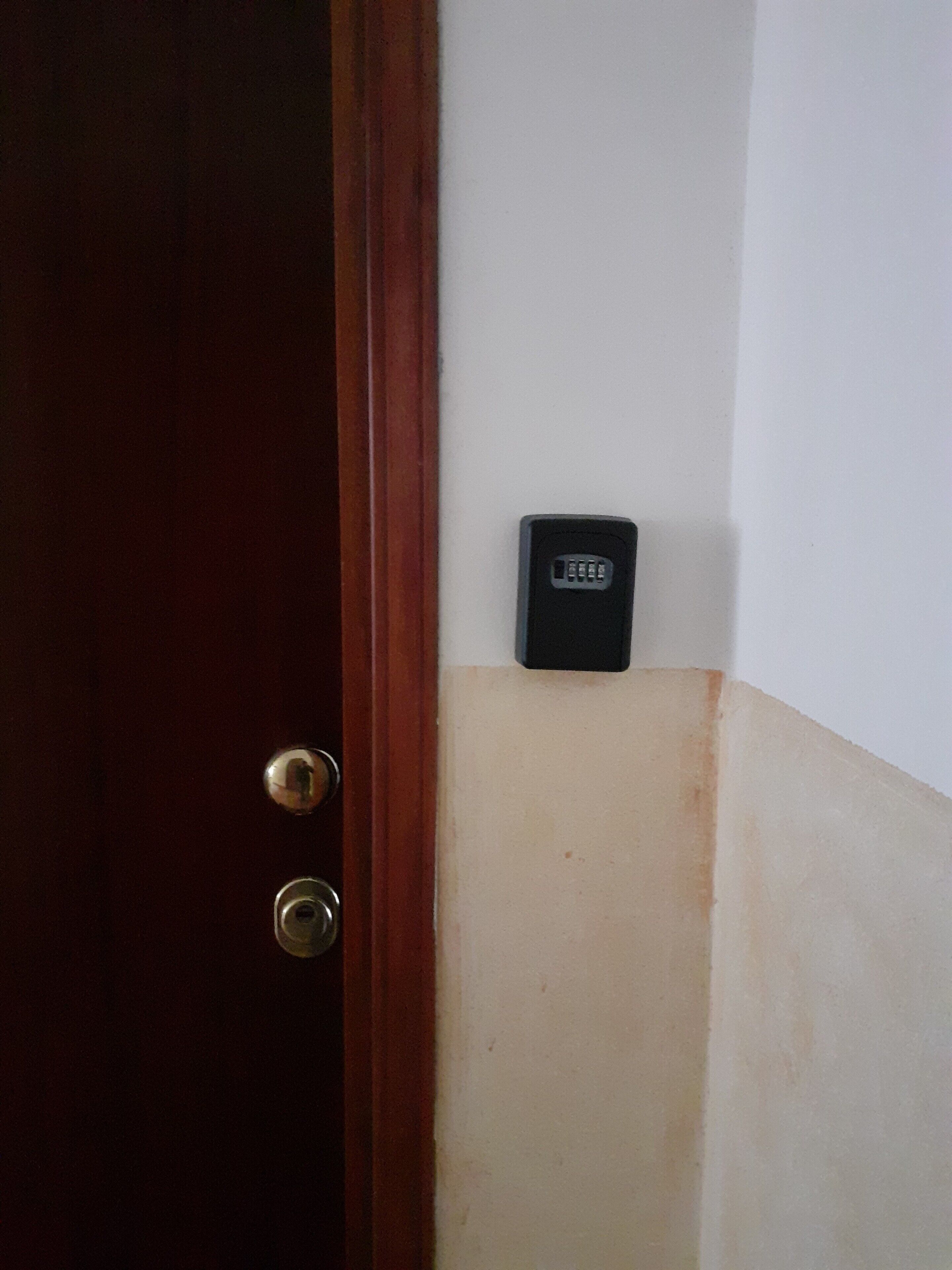 A door with a brass handle and a keyhole, a small black object on the wall, and a corner with a beige and white wall.