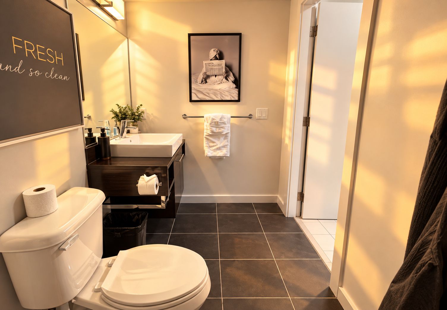A modern bathroom with a toilet, sink, and a framed picture on the wall.