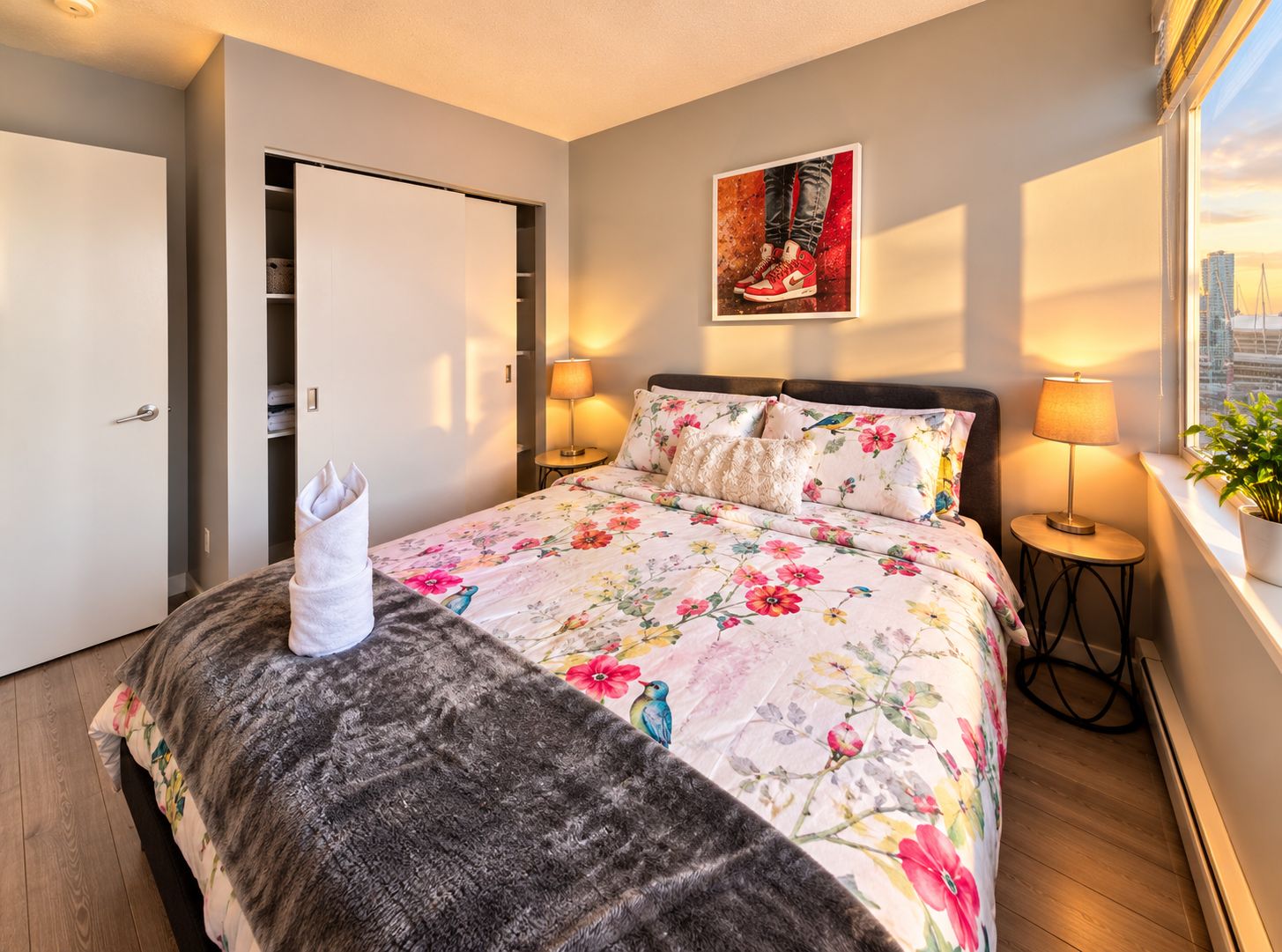 A hotel room with a bed, a nightstand, a lamp, a window with a view, and a door.