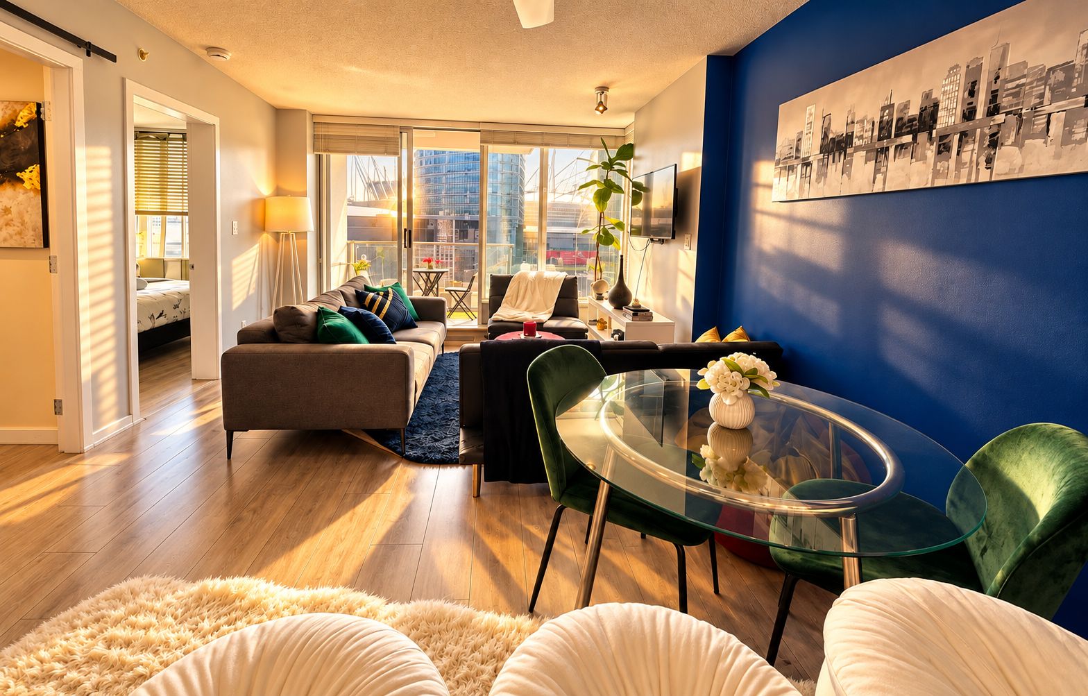 A modern living room with a glass coffee table, green chairs, a sofa, and a city view through large windows.