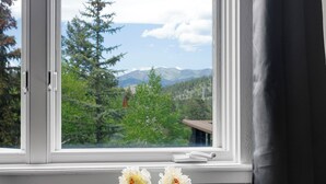 A window with a view of a mountain range and trees.